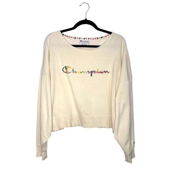 Champion Women’s Large Campus French Terry Crew Neck Sweatshirt Cream Relaxed - Picture 2 of 7